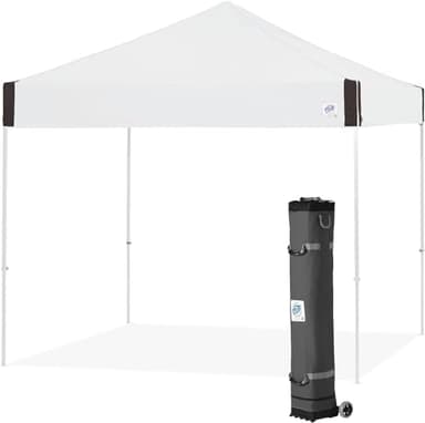 E-Z UP Pyramid Instant Shelter Canopy, 10' x 10' with Wide-Trax Roller Bag & 4 Piece Spike Set, White