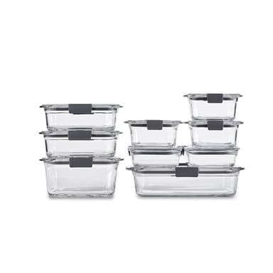 Rubbermaid Brilliance Glass Food Storage Containers, Assorted Sizes, Set of 9, BPA-Free, Leak-Proof, Clear