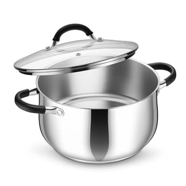 P&P CHEF Stainless Steel Stock Pot, 6 Qt Cooking Soup Pot with Visible Lid for Pasta, Tri-Ply Bottom & Dual Heatproof Handles, For Induction Gas All Stoves, Non-Toxic & Dishwasher Safe