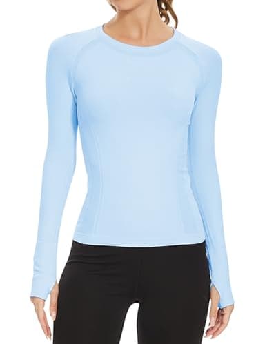 MathCat Workout Shirts for Women Long Sleeve, Workout Tops for Women, Quick Dry Gym Athletic Tops，Seamless Yoga Shirts Light Blue