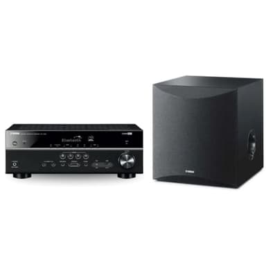 YAMAHA RX-V385 5.1-Channel 4K Ultra HD AV Receiver with NS-SW050BL 8" 100W Powered Subwoofer, Black