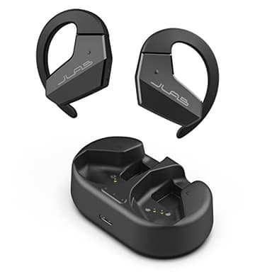 JLab Open Sport Open-Ear Wireless Earbuds, Black, Flexible Earhook, Bluetooth Multipoint, Dual Connect, Safe Listening, Optional Glasses Clip, 24+ Hours Battery Life, Custom EQ Sound Settings
