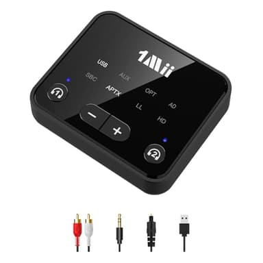 1Mii Bluetooth 5.3 Transmitter for TV to 2 Wireless Headphones, Long Range 100ft Bluetooth Adapter for TV aptX Adaptive & HD/Volume Control, Optical/USB/AUX/RCA Audio Inputs