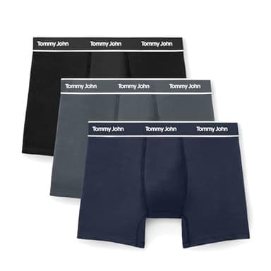 Tommy John Men's Essential Cool Cotton Stretch Boxer Brief Underwear - 6" 3-Pack, Breathable, Moisture-Wicking, Support Pouch (Black/Turbulence/Dress Blues, Large)
