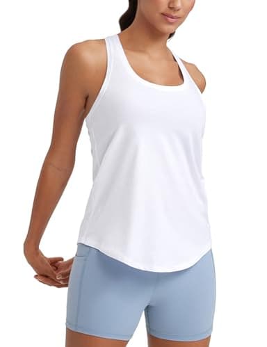 CRZ YOGA Womens Pima Cotton Racerback Workout Tank Tops Scoop Neck Athletic Loose Sleeveless Shirts White Medium