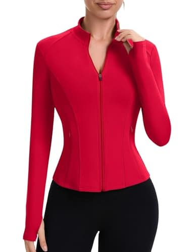 ZHENWEI Athletic Jacket Women Workout Cropped Zip Up Gym Outfits Long Sleeve Track Tight Tops with Thumb Holes (Red, S)