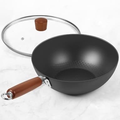 BrBrGo Carbon Steel Wok Pan, 9.5" Authentic Chinese Stir-Fry Pans Set with Glass Lid, 1.65lb Lightweight Flat Bottom Small Wok for 1-2 Servings