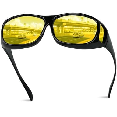 Chiccool Night Driving Glasses Fit Over for Men Women, Anti Glare Polarized Night Vision Driving Glasses, Wrap Around HD Yellow Lens Sunglasses