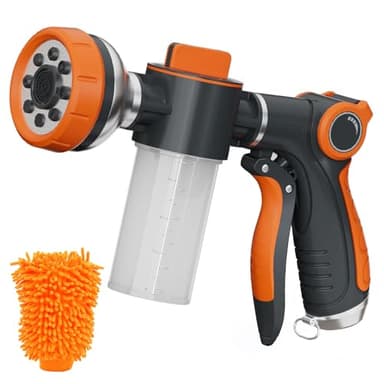 Hongmai Garden Hose Nozzle,8 Patterns Hose Sprayer High Pressure,Heavy Duty Dog Wash,Metal Water Hose Nozzle with Soap Dispenser,Car Wash Foam Gun with A Car Wash Mitt