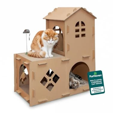 FurHaven Farmhouse Multi-Level Cardboard Cat House for Indoor Cats with Catnip & Toys, Double-Walled Corrugated Scratcher Designed for Lounging, Play & Comfort, One Size, Cardboard, Brown