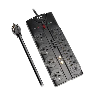 Eaton Tripp Lite TLP1208SAT Home Theater Surge Protector Power Strip, 12 Outlets, Flat Plug 8ft Extension Cord, 2880 Joules Coax, RJ11 and RJ45 Port for Phone, TV, WiFi Router, & Ethernet Protection