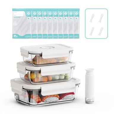 Domsanistor Vacuum Seal Glass Food Storage Containers, 3pcs Containers with 10pcs Sous Vide Bags/ 1pc Manual Pump, Meal Prep Container with Airtight Locking Lids for Lunch, Long-Lasting Freshness
