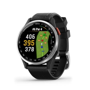 Garmin Approach® S44, Essential Golf GPS Smartwatch, AMOLED Display, On-Course Features, Silver Aluminum Bezel with Black Silicone Band