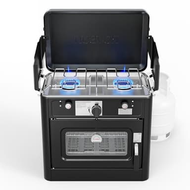 ROVSUN 2-in-1 Portable Camping Stove & Propane Oven with Piezo Igniter, 2 Burner Stove & Outdoor Oven with Adjustable Fire, Thermometer, Wind Panel & Regulator for Traveling, Tailgating (Black)