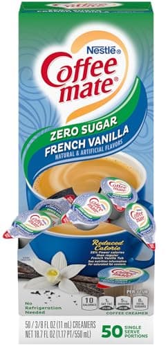Nestle Coffee mate Coffee Creamer, Sugar Free French Vanilla, Liquid Creamer Singles, Non Dairy, No Refrigeration, Box of 50 Singles
