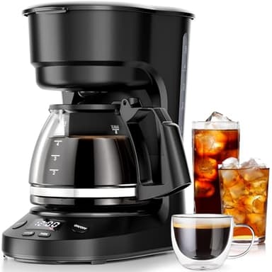 Kismile 5-Cup Drip Coffee Machine with LED Display, Small Coffee Maker with Anti-Drip, Timer, Auto Shut-Off, Dry-Boil Protection, Removable Funnel, Compact, Ideal for Home & Office (Black)