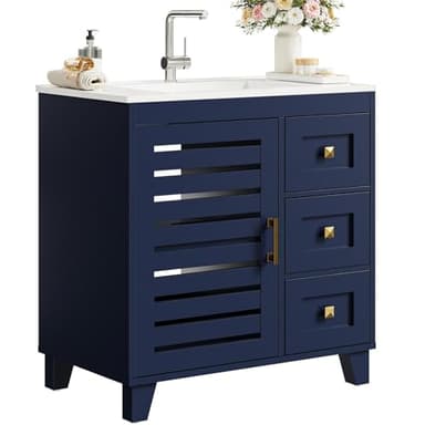 Bathroom Vanity with Sink, Upgraded All-in-One SMC Sink, Bathroom Sink Cabinet with 3 Drawers 2-Tier Storage Cabinet with Adjustable Shelves Towel Hooks Soft-Close for Master Suites Rental Units