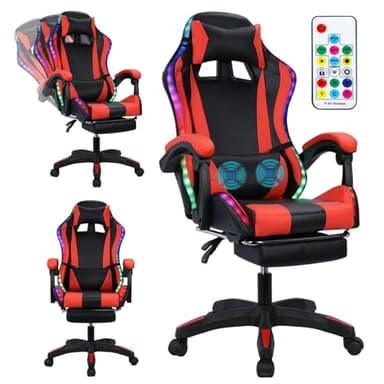 Gaming Chair with Bluetooth Speakers ＆ LED Lights, Ergonomic Massage Computer Chair Height Adjustable, Video Game Chair with 360° Swivel Seat and Headrest, High Back Lumbar Support Design