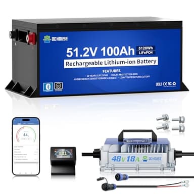 DC HOUSE Metal Case 48V 100Ah Pro Lithium Golf Cart Battery, 200A BMS Lifepo4 Battery with 48V 18A Charger, Bluetooth Mobile APP & LCD Monitor, Peak Current 700A