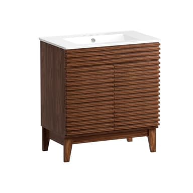 ROOMTEC 30" Bathroom Vanity with Sink, Mid-Century Freestanding Bathroom Vanity Sink with Storage Cabinet, Undermount Ceramic Sink, Particleboard Frame with Wood Grain Laminate, Walnut