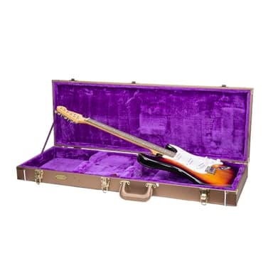 Crossrock Rectangular Wooden Electric Guitar Case for Fender Stratocaster & Telecaster | Chocolate Brown Finish, Purple Velvet Interior, Lock – Designer Series(CRW520ECB)