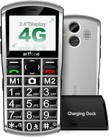 artfone 4G Volte Big Button Cell Phone for Seniors丨Easy-to-use Unlocked Phones with SOS Button丨2MP Camera丨2.4" LCD丨Super-Loud Speaker丨Speed Dial丨1800mAh Battery丨Charging Dock丨Dual-Nano SIM - Silver