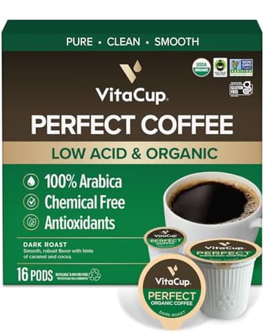 VitaCup Perfect Low Acid Coffee Pods, USDA Organic & Fair Trade, Mycotoxin Free, Dark Roast Guatemala Single Origin, Clean & Pure Single Serve Pod compatible w/Keurig K-Cup Brewers,16 CT