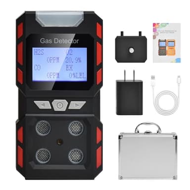 AIXZ 4 Gas Detector, Gas Monitor for H2S, CO, LEL and O2, Factory Calibrated Multi Gas Meter with Vibration, Visual and Audible Alarms, Over 10H Battery Life, Fast Response, for Work, Home (Black)