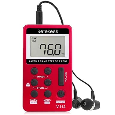 Retekess V112 AM FM Portable Pocket Radio, FM Receiver, Digital Tuning Stereo, with Headphones, Rechargeable Battery, for Walking, Jogging, Training, Church (Red)