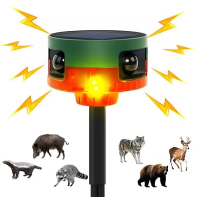 OUDAER Solar Outdoor Motion Sensor Alarm, 130dB Dog Barking & Gunshot Sound, 13 Sounds, Strobe Light, Support Recording & Volume Control, Keeps Unwanted Animals Away from Yard, Garden, or Farm