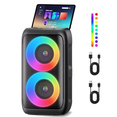 PWBSLAI Bluetooth Speaker with 2 Rechargeable Wireless Microphone - Portable Party Speaker with Colorful Lights - Floorstanding Speakers Support TWS/AUX/USB/TF Card Ideal for Party,Home,Camping