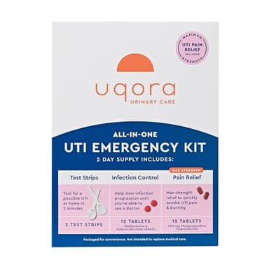 Uqora UTI Emergency Kit - Comes with 2 Urinary Tract Infection Test Strips, 12 UTI Pain Relief Tablets & 12 Infection Control Tablets - Urinary Tract Support - Maximum Strength