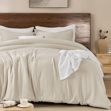 PHF Cotton Muslin Comforter Set Queen Size, Ultra Soft, Breathable & Lightweight All-Season Bedding, Filling: 100% Polyester, 3 Pieces with 1 Comforter 90"x90" and 2 Pillow Shams 20"x26", Natural