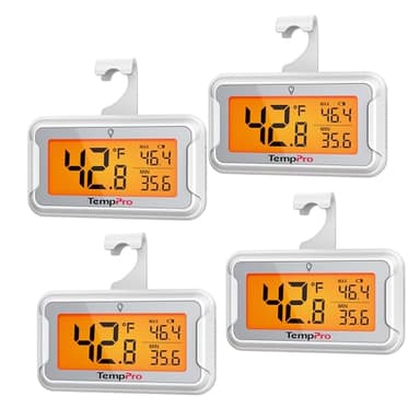 TempPro Refrigerator Thermometer 4 Pack with Large Backlit LCD Display, Waterproof Freezer Fridge Thermometer with Max/Min Record, Easy Battery Replacement for Room, Cooler (Previously ThermoPro)