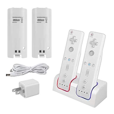 Kulannder Wii Remote Battery Charger(Free USB Wall Charger+Lengthened Cord) Dual Charging Station Dock with Two Rechargeable Capacity Increased Batteries for Wii U Game Remote Controller (White)