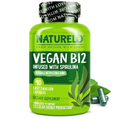 NATURELO Vegan B12 - Methyl B12 with Organic Spirulina - High Potency Vitamin B12 1000 mcg Methylcobalamin - Supports Healthy Mood, Energy, Heart & Eye Health - 90 Capsules