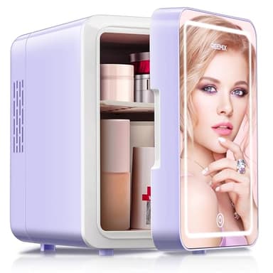 Reemix Skincare Fridge, Mini Beauty Fridge with LED Mirror, 4L Portable Small Refrigerator for Bedroom, Car, Office & Dorm, Cooler & Warmer (Purple)