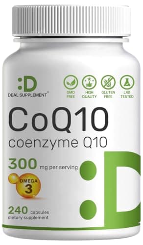 DEAL SUPPLEMENT CoQ10 300mg with Omega 3 100mg, 240 Capsules | Bioavailable Coenzyme Q10 Formula | Supports Heart, Energy & Brain Health | Antioxidant Support | Non-GMO