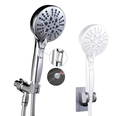 GwernKB Handheld Shower Head with on off Switch&Built-in Power Spray,7-Setting High Pressure Spray Shower Wand with 79in Long Hose&Bracket and Extra Adhesive Shower Holder for Lower Mount,Chrome