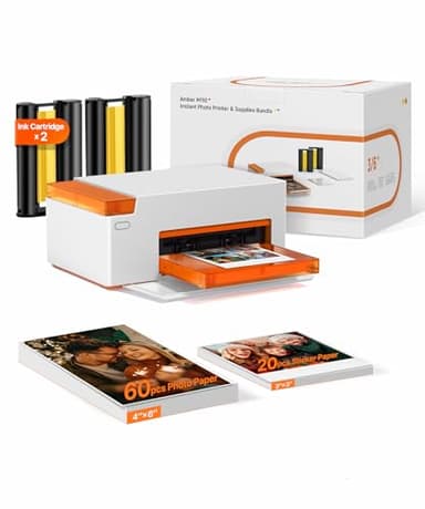 Liene Amber M110 Bluetooth Photo Printer 80 Sheets, Portable Photo Printer for iPhone, Thermal Dye Sublimation, Picture Printer 60 Sheets 4x6 Paper & 20 Sheets 3" Square Sticker Paper & 2 Cartridges