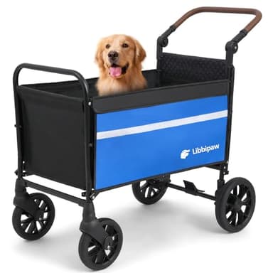 Libbipaw Dog Wagon for Medium Large Dogs up to 200lbs, All Terrain Foldable Large Dog Stroller with Ramp, Wagon for Dog with Adjustable Handle & One-Step Brake(Blue)