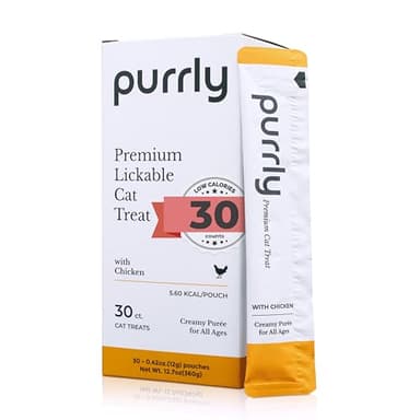 Purrly Lickable Wet Cat Treats Creamy Purée Human-Grade Chicken Breast with Prebiotic and Dietary Fiber for Digestive Health (30 Count) Non-Seafood Non-GMO No-Grains No-Artificial-Additives All Ages