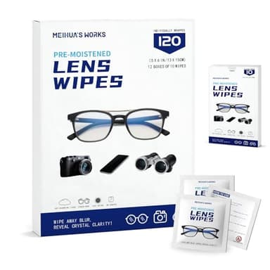 Third-Generation Lens Wipes, 120 Count, Individually Wrapped Pre-Moistened Cleaning Wipes for Eye Glasses, Camera Lens Cleaner, Streak-Free Scratch-Free Screen Cleaning for Phone, Sunglasses, Laptop