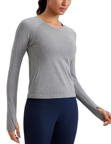 CRZ YOGA Womens Seamless Workout Long Sleeve Shirts Quick Dry Gym Athletic Tops Breathable Running Yoga T-Shirts Slate Grey Marl Small