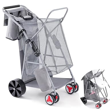 DoubleFill Beach Cart with Big Wheels for Sand Foldable Beach Buggy Wide Wheel Storage Wagon Lightweight Rust Free Aluminum Frame with Body Board Holder Removable Tote for Most Terrain(Grey)
