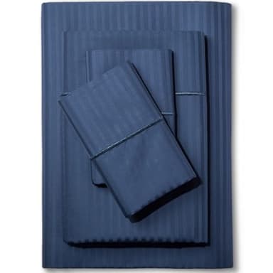 Feather & Stitch 500 TC King Size Damask Bed Sheet Set, 100% Cotton Soft Breathable Bedsheets, 4 Piece 18" Deep Pockets Sateen Weave Striped Bedding Mattress Resort Hotel - (Dark Blue Stripe)