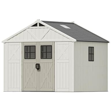 Patiowell 10 x 8 FT Outdoor Storage Shed, Plastic Shed with Floor and Skylight, Resin Storage Shed with Four-Window and Lockable Door for Garden, Patio, Backyard, Beige