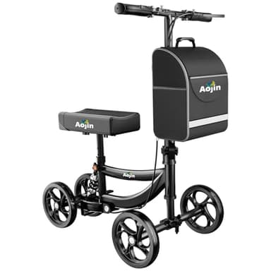 Aojin Knee Scooter for Adults for FootInjuries, 300lbs Capacity, All Terrain Foldable Knee Scooter Walker with Bag, 13" Wide Pu Seat, Compact Crutches Alternative (Black)