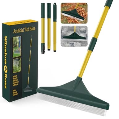 Artificial Turf Rake with Steel Telescopic Handle, 32 to 55 Inch 3 Piece-Pole Easy Storage Design, Garden Hand Boom Rake for Artificial Grass, Carpet Pet Hair, Lawn Leaves and Debris Remove, Yellow