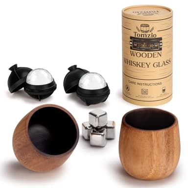 Tomzio Whiskey Glass Set of 2 - REAL-Charred Acacia Wood 11oz Bourbon Tumblers, Handcrafted Old Fashioned Glasses for Scotch & Cocktails, Insulated Pair for Men, Gift Box (upgrade 2 Pack Charred)